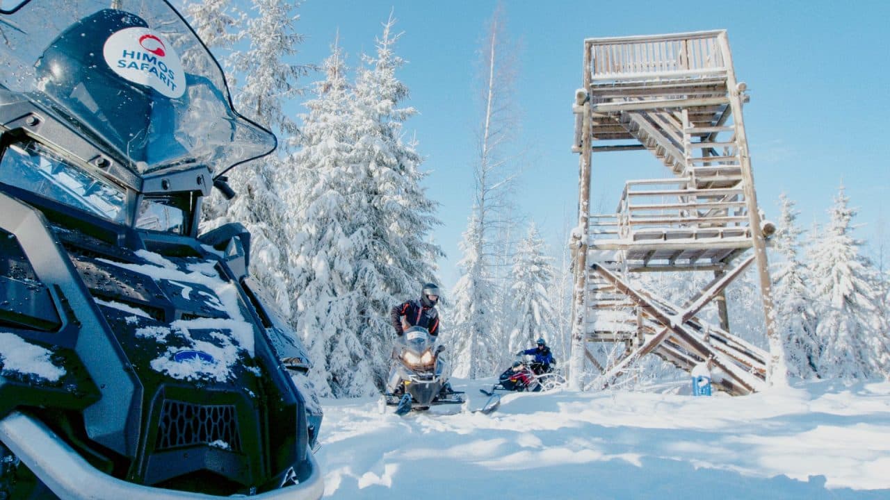 Moottorikelkkailijat ajamassa näköalatornin alapuolelta lumisessa metsässä