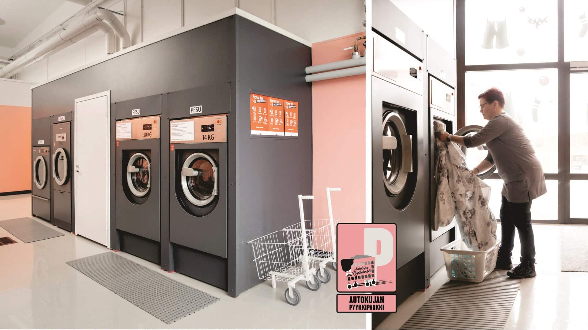 Henkilö laittaa koneeseen pyykkiä Jämsässä